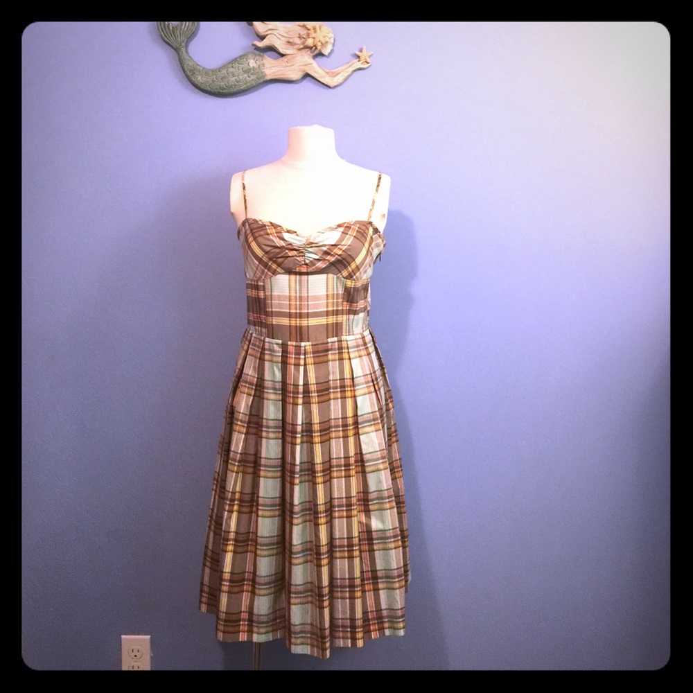 Trina Turk Turquoise and Brown Plaid Fit and Flair Sundress Size 6